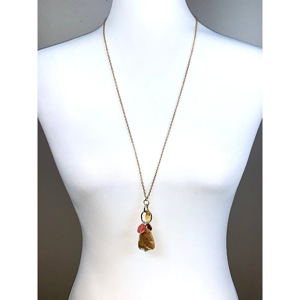 Gold Tone Boho Beaded Hammered Gold and Stone Dangle Pendant Necklace